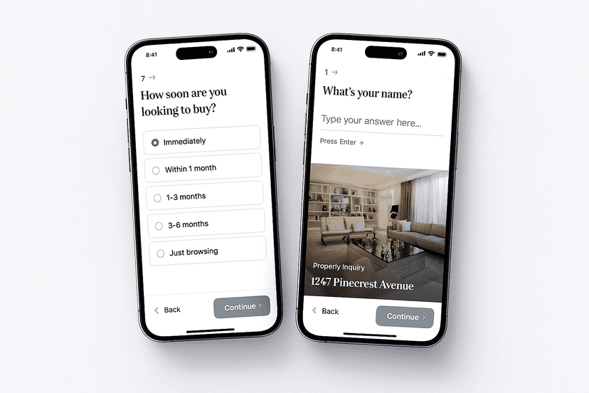Mobile-optimized real estate lead capture form on smartphone with one-question-at-a-time interface